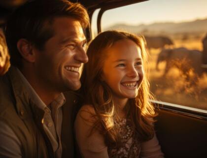 Father and daughter watching a herd of elephants from their safari vehicle in the african savannah.